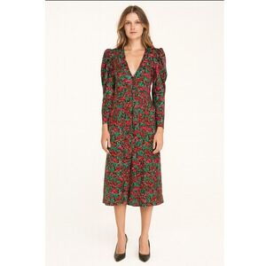 J. Crew Collection Floral Midi Dress Puff‎ Sleeve V Neck Red Pink Green 4